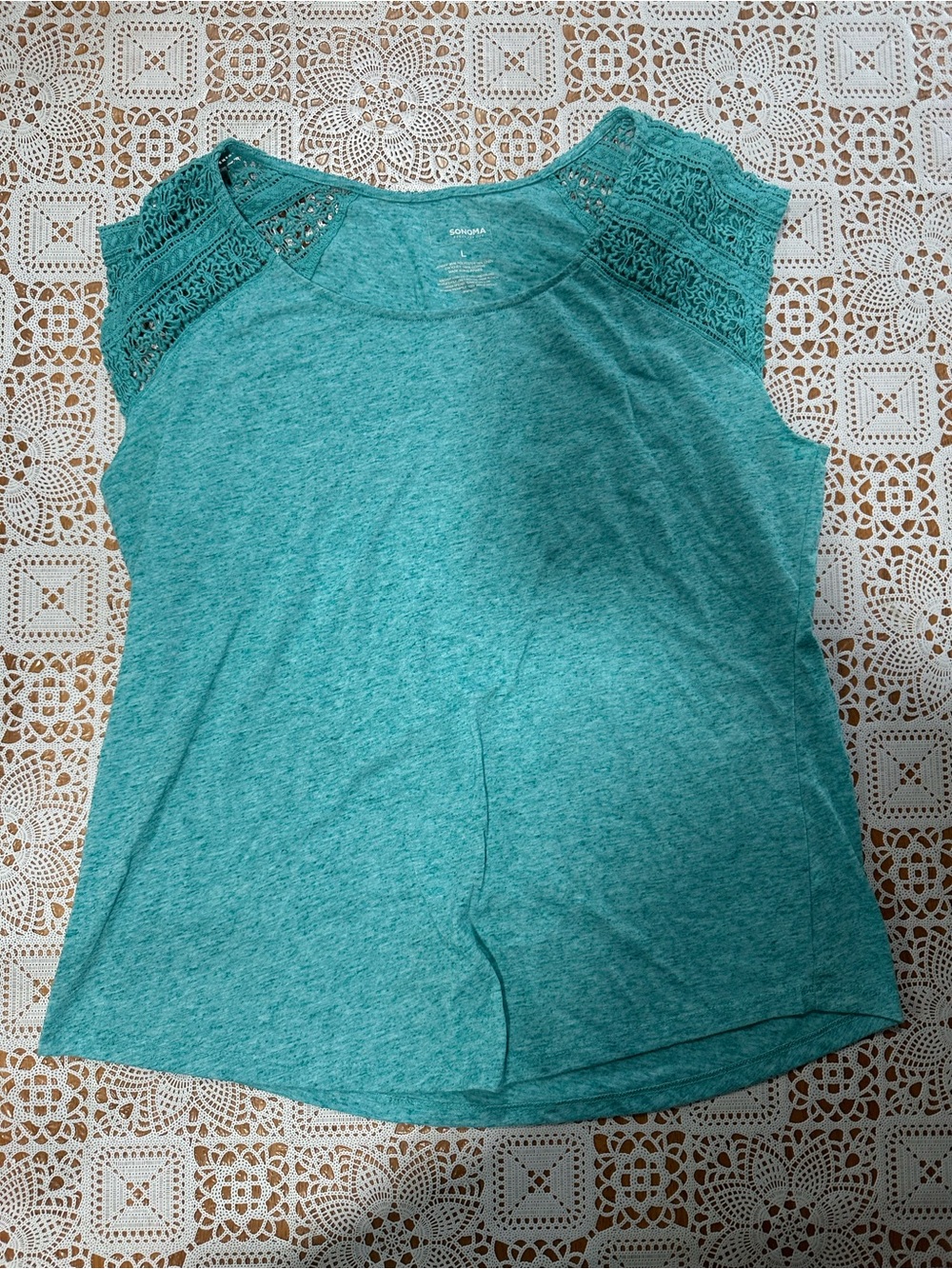 Sonoma Goods for Life Teal Crochet Shoulder Linen Blend Top Size L